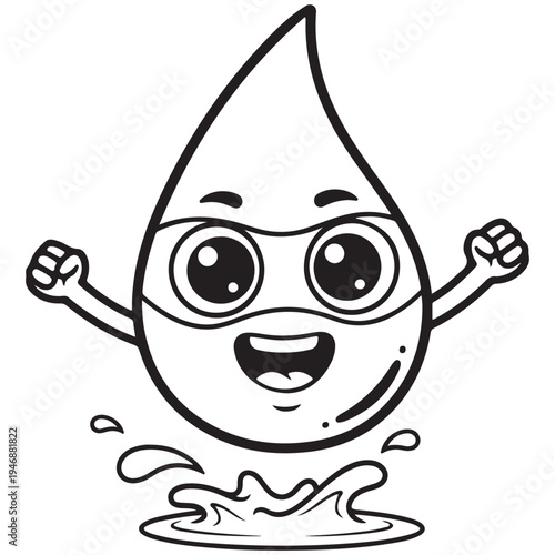 Happy Cartoon Water Droplet Character Jumping in a Splash of Water