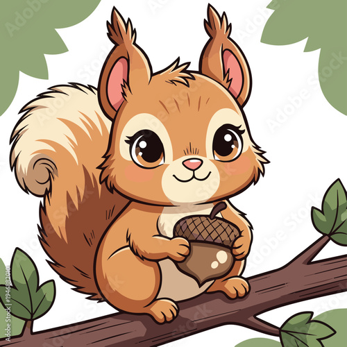 Generated on Adorable Cartoon Squirrel Holding Acorn on Branch with Leaves on white background