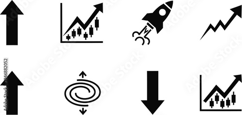 Business Growth and Financial Success Icon Set featuring Upward Arrow Trends Rocket Launch and Stock Market Analytics Graphs for Corporate Performance Tracking Isolated Vector Illustration
