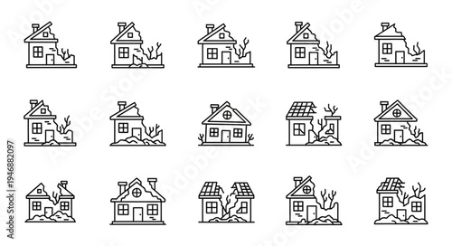 Set of Damaged Houses Illustrations - Natural Disaster and Destruction.