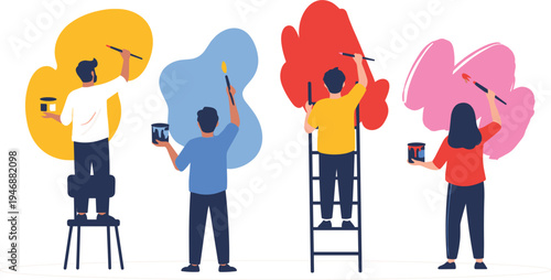 Creative Team Painting Abstract Shapes on Wall Illustration for Collaboration, Teamwork, Artistic Project and Modern Design Concept Flat Vector Scene