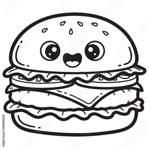 Cute Kawaii Hamburger Character Line Art Illustration