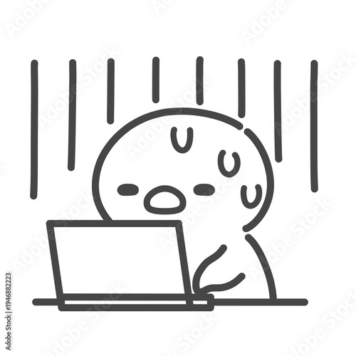 ノートパソコンの前でズーンと落ち込むひよこの手書き線画イラスト　仕事や作業の失敗
