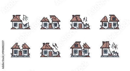 Pixel art depiction of damaged houses, showcasing destruction and decay.