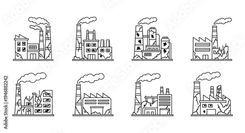 Industrial Factory Outlines - Pollution and Manufacturing Icons.