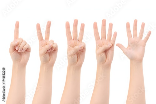 Four hands displaying numbers on fingers isolated on a white background for counting or education purposes clearly