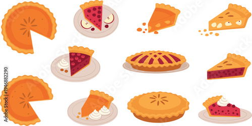 Delicious pie dessert collection with different slices and whole pastries, sweet bakery food assortment including pumpkin apple and berry pie cartoon vector set