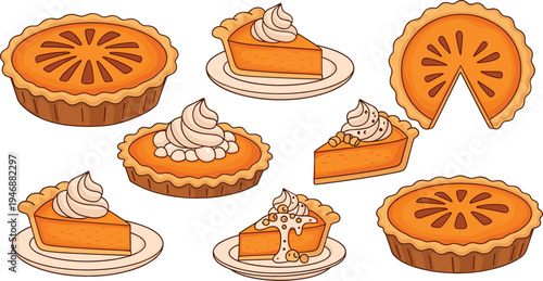 Pumpkin pie dessert collection with slices and whole pies topped with whipped cream, autumn bakery sweets cartoon vector illustration set
