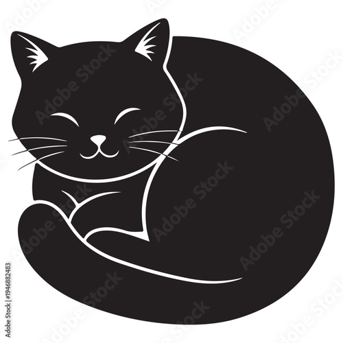 Adorable Black Cat Curled Up Napping Illustration
