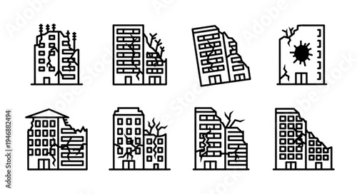 Damaged Buildings - Earthquake Aftermath and Structural Failure Illustrations.