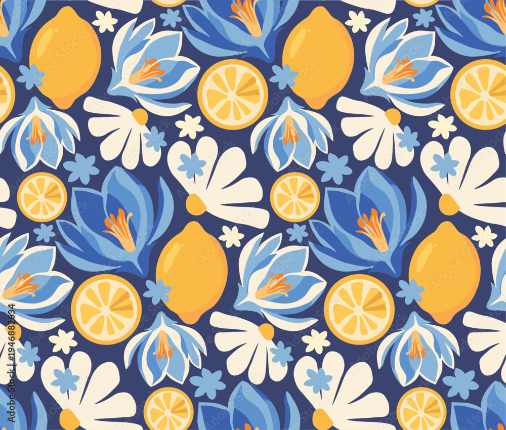 Naklejka premium Lemon and Floral Seamless Pattern Vector – Fresh Citrus Summer Background