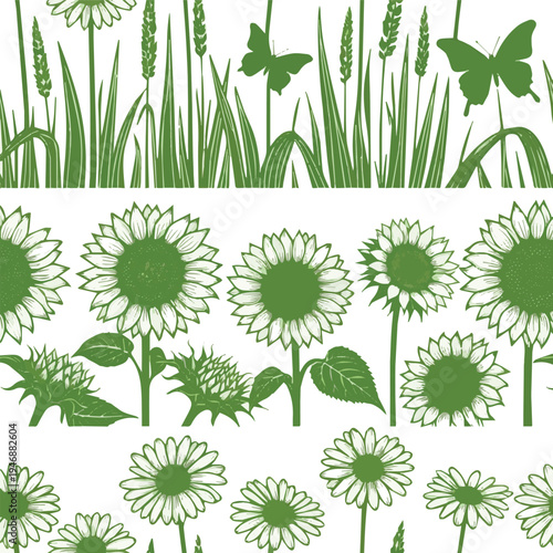 Generated on Bright green grass and flower silhouettes set, featuring butterflies and sunflowers in three distinct horizontal borders on white background