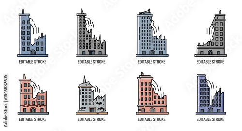 Damaged Buildings Collection - Earthquake and Disaster Vector Illustrations.