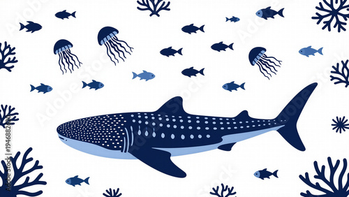 Simple seamless vector pattern illustration featuring a cute blue whale shark and small fish swimming on a white background.