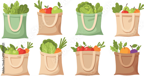 Eco friendly reusable grocery bags filled with fresh vegetables and fruits, zero waste shopping concept, organic food market cartoon vector illustration set
