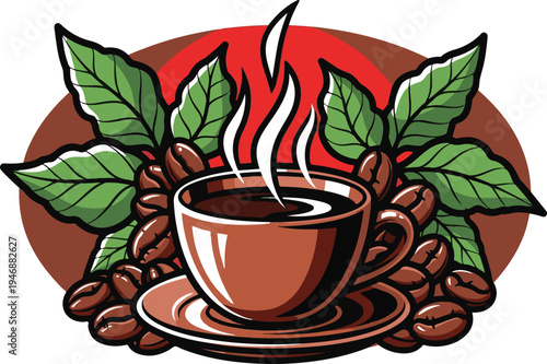 Vectoe art of vector illustration of steaming hot coffee cup with coffee beans and leaves