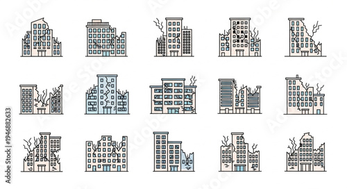 Collection of Damaged Buildings in Vector Style for Design Projects.