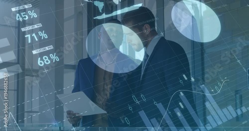 Animation of financial data processing over two diverse business people