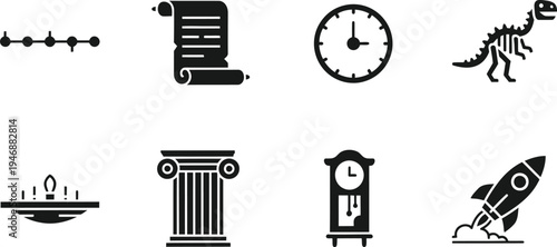 History and Evolution Timeline Icon Set featuring Dinosaur Skeleton Scroll Ancient Column Clock and Rocket Launch Symbols Isolated on White Background for Educational and Business Vector Use