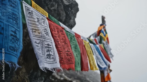 Colorful Prayer Flags Fluttering On A Mountain Peak In Fog