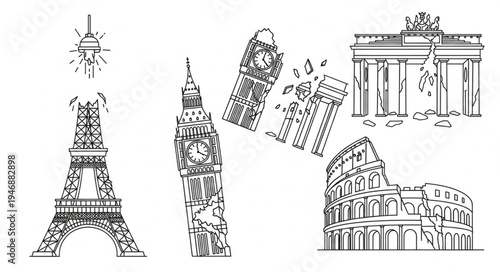 Iconic European Landmarks - Eiffel Tower, Big Ben, Colosseum, Brandenburg Gate.