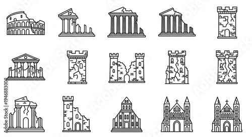 Collection of Ancient Ruins and Historical Buildings Line Art.