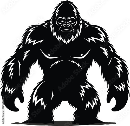 Angry gorilla mascot silhouette, powerful wild ape character, aggressive jungle beast emblem, strong primate logo, black fierce animal illustration vector – flat vector illustration