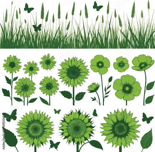 Generated on Bright green grass and flower silhouettes set, featuring butterflies and sunflowers in three distinct horizontal borders on white background