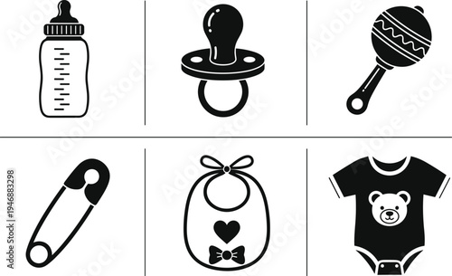 Baby care icons silhouette, bottle pacifier rattle bib onesie safety pin, infant essentials set, parenting symbols, flat vector illustration art