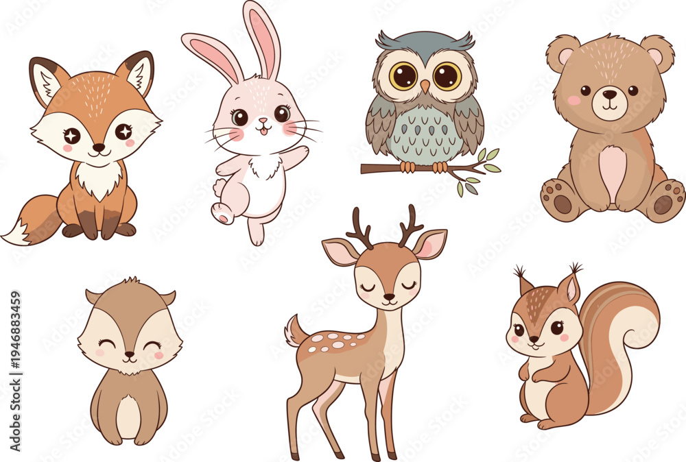 Fototapeta premium Cute woodland forest animals cartoon vector collection with fox, bunny, owl, deer, bear, squirrel, raccoon in flat style - flat vectorizer