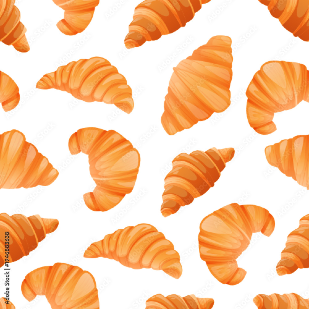 Fototapeta premium Seamless bakery pattern. Appetizing fresh croissants, texture, bun, puff pastry, French pastries on a dark white background.