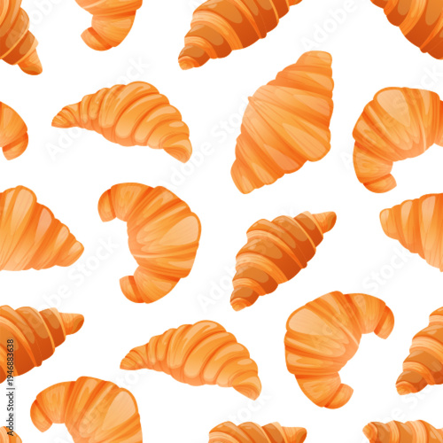Seamless bakery pattern. Appetizing fresh croissants, texture, bun, puff pastry, French pastries on a dark white background.
