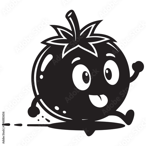 Playful Cartoon Tomato Character Running in Black and White Illustration