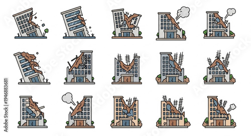 Buildings Damaged by Earthquake - A Collection of Vector Illustrations.