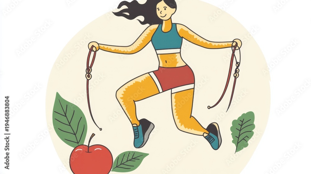 Fototapeta premium Woman jump rope with apple and leaves