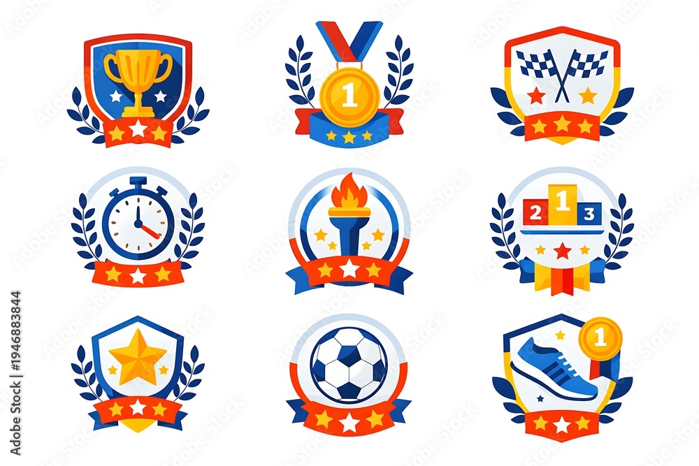 Fototapeta premium Sports Achievement Badges with trophies, medals, stars and athletic symbols.