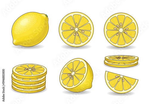 Whole and sliced lemons are displayed in various arrangements on a white background.
