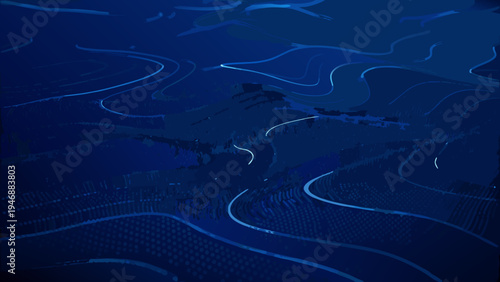 Abstract aerial view of terraced fields resembling flowing blue ribbons