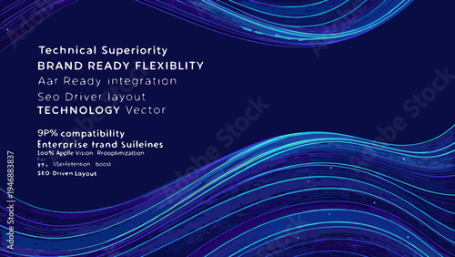 Abstract blue wave design with text promoting technical superiority and brand flexibility