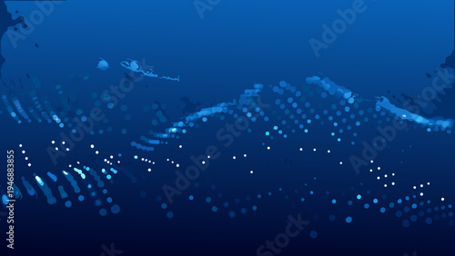 Abstract blue underwater scene with light reflections and blurred shapes