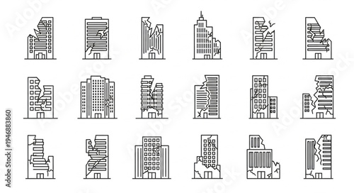 Collection of Line Art Buildings and Skyscrapers for Architectural Design.
