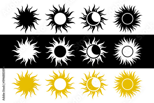 Sun and crescent moon celestial vector set. Ethnic astrology and tarot design elements. Mystical solar symbols with wavy rays isolated on white and black background