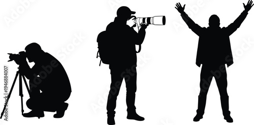 Black silhouette of professional photographers with camera equipment and successful man celebrating victory isolated on white background for media and travel projects