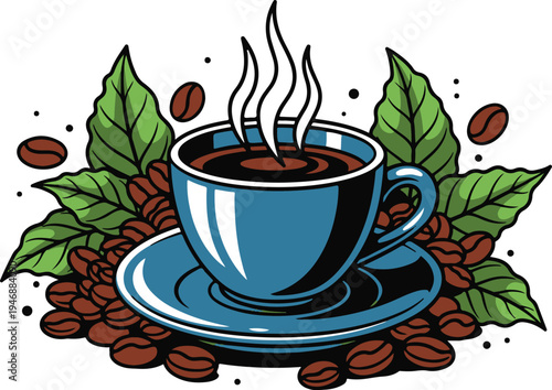 Vectoe art of vector illustration of steaming blue coffee cup on saucer with coffee beans and green leaves