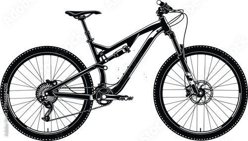 Black, silhouette, of, professional, mountain, bike, with, full, suspension, isolated, on, white, background, for, cycling, and, outdoor, adventure, sports, design