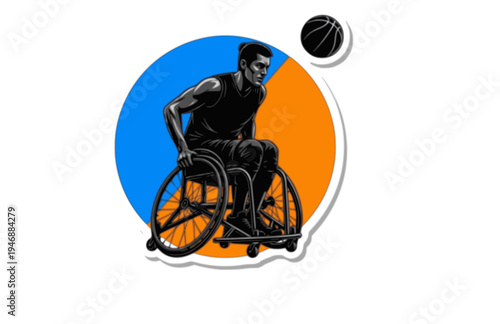 Wheelchair Basketball Player Dribbling Silhouette, Adaptive Sports Inclusion Vector Sticker, High Performance Paralympic Athlete Illustration