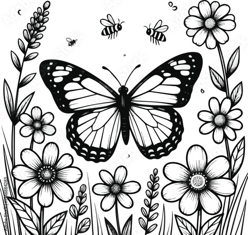  Generated on Cartoon Butterfly on Flower, Black and White Line Art Illustration on white background