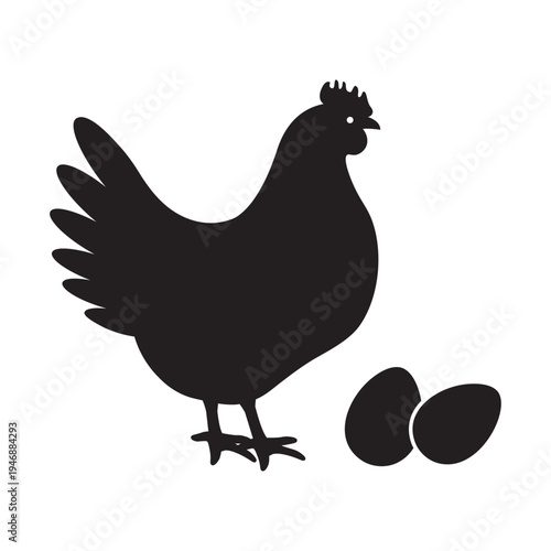 black silhouette of hen with eggs, simple farm poultry icon, rustic chicken symbol, minimal barnyard animal- vector illustration