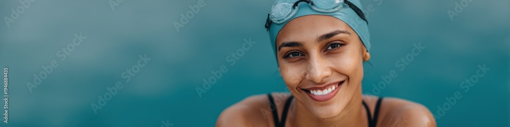 Obraz premium Smiling female asian young swimmer with teal swim cap and goggles on forehead in outdoor pool closeup portrait