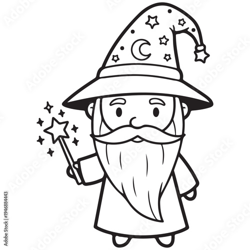 Cute Cartoon Wizard with Magic Wand and Starry Hat Line Art